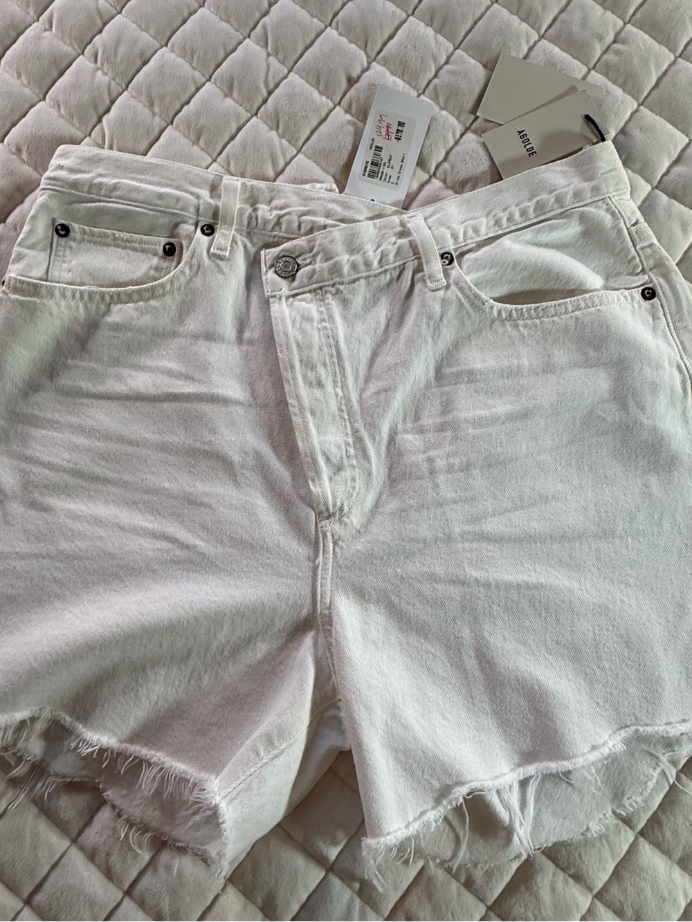 NWT AGOLDE Criss Cross Denim Shorts White Element Sz 31 High Waist Asymmetrical